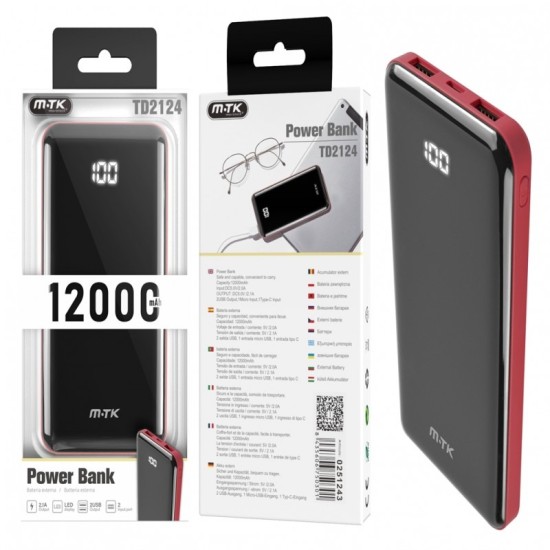 POWER BANK MTK TD2124 12000MAH VERMELHO POWER BANK MTK TD2124 12000MAH VERMELHO